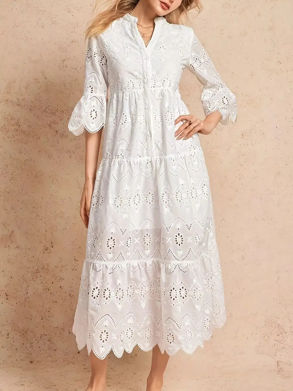 Eyelet Tiered Midi Dress