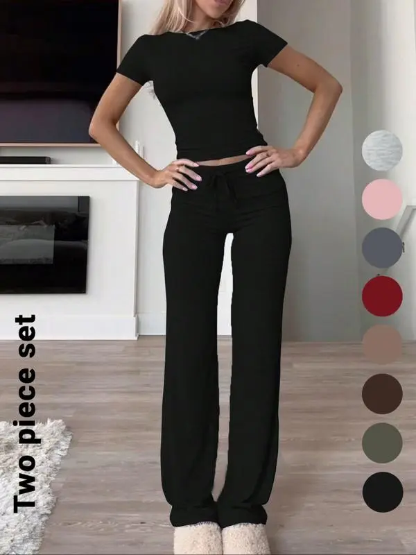 Women's Solid Short Sleeve Two-piece Set