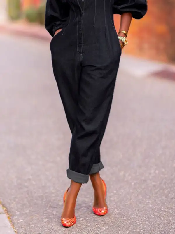 Jumpsuits Met Pofmouwen Splitverbinding En Ronde Hals
