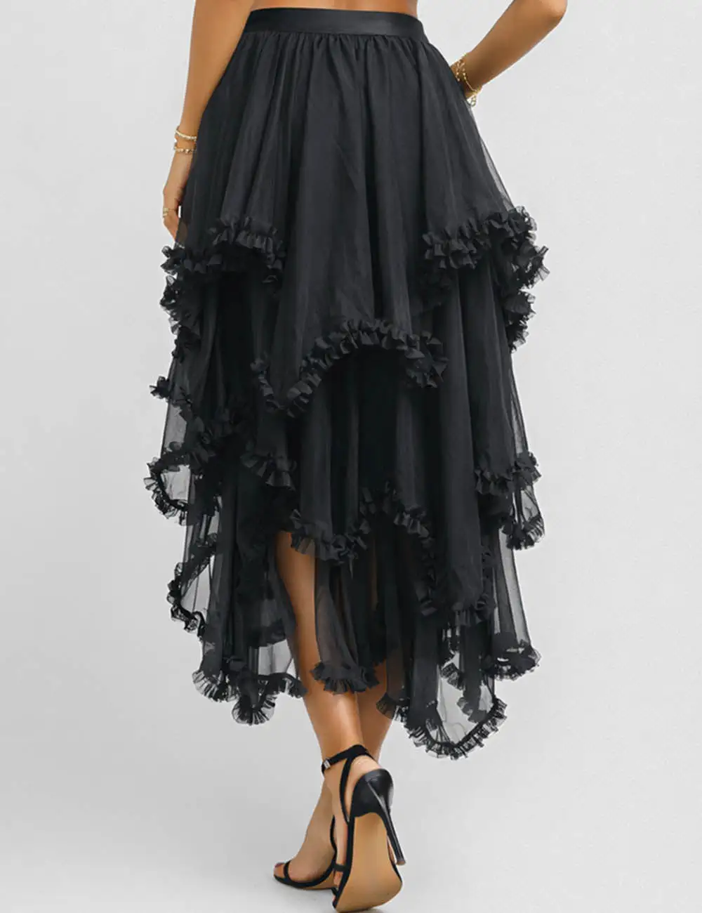 Sheer Mesh Elastic Waist Tiered Ruffle Midi Skirt