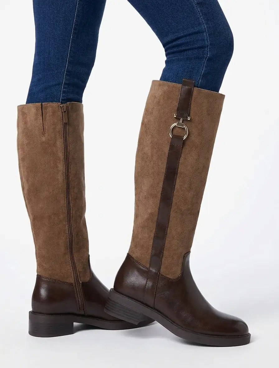 Classic Riding Buckle Detail Block Heel Faux Suede Knee High Boots
