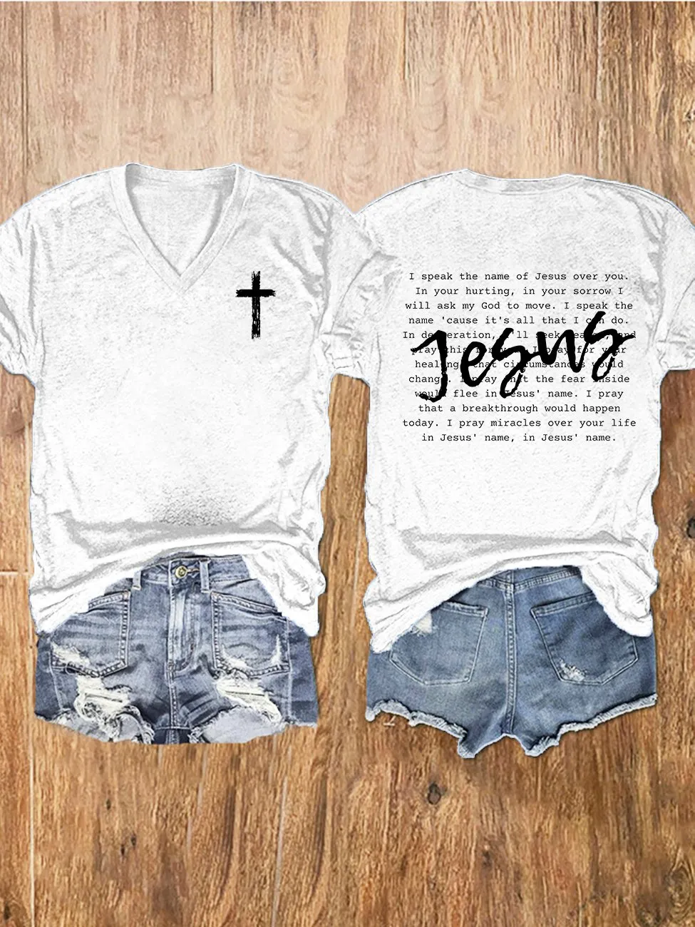 Women's Jesus Print V-Neck T-Shirt