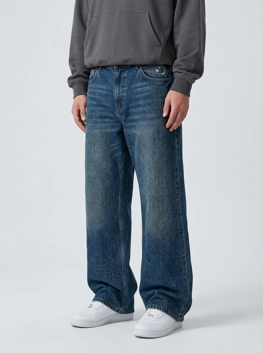 Wide Leg Embroidered Detail Celestial Graphic Star Graphic Men's Loose Fit Jeans