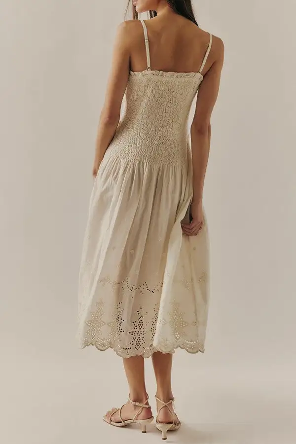 Cream Smocked Floral Tiered Maxi Dress