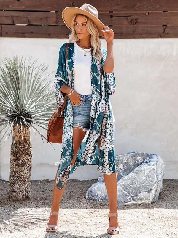 Mid Length Slit Chiffon Printed Sunscreen Swimsuit
