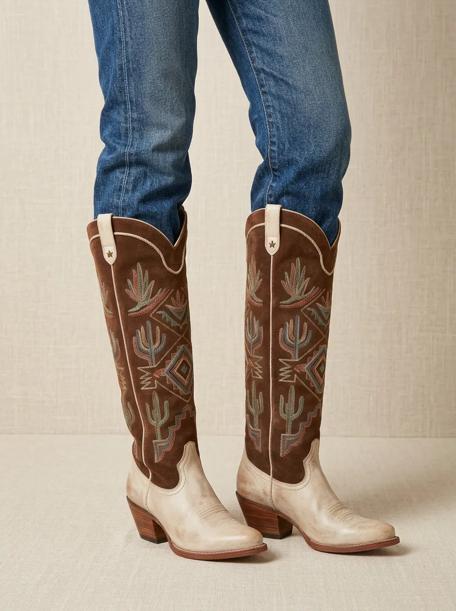 Women's Western Cactus Star Embroidered Piped Almond-Toe Block-Heel Denim Over-the-Knee Boots