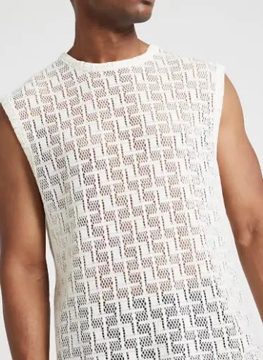 Men's Beige Regular Fit Cotton Fashion Crochet Vest