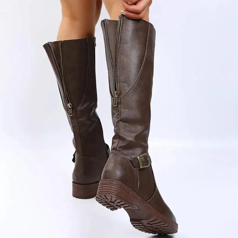 Polished Round Toe Block Heels Boots