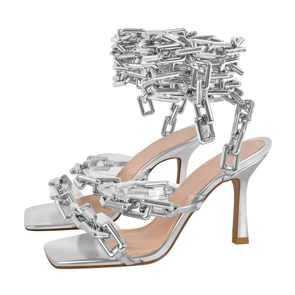 Square Toe Metal Chain Lace Up Stiletto Sandals