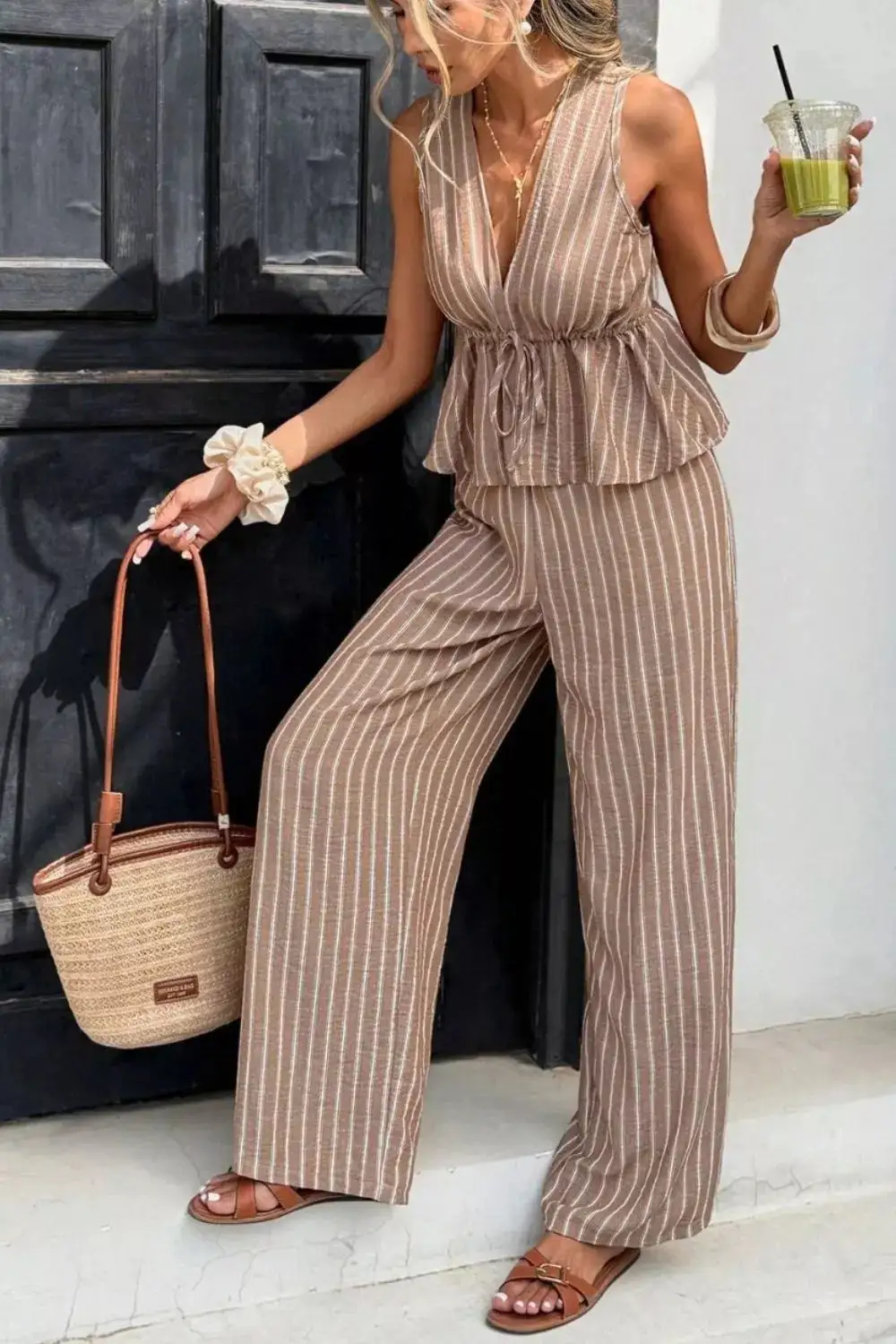Textured Striped Sleeveless Top and Wide Leg Pants Set