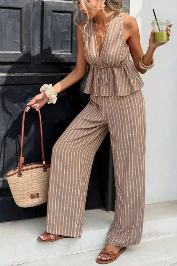 Textured Striped Sleeveless Top and Wide Leg Pants Set