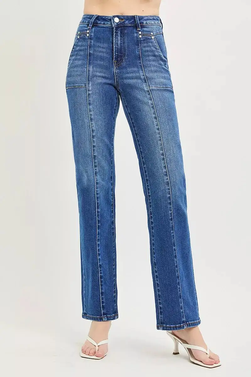 Polished High-Rise Washed Pocketed Stretch Straight Leg Jeans