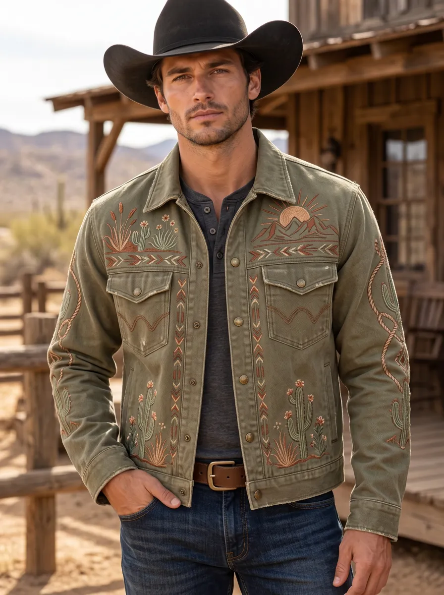 Men's Western Cowboy Cactus Desert Mountain Embroidered Jacket