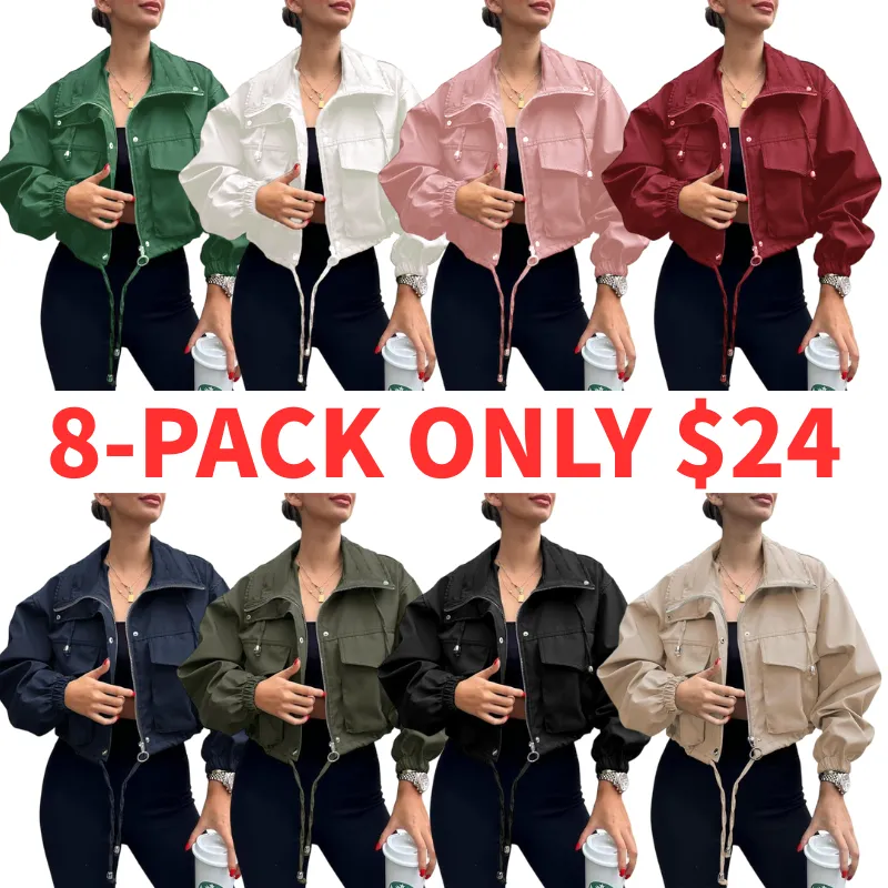 Women's Solid Zip Up Drawstring Hem Jacket, Casual Long Sleeve Collared Outerwear