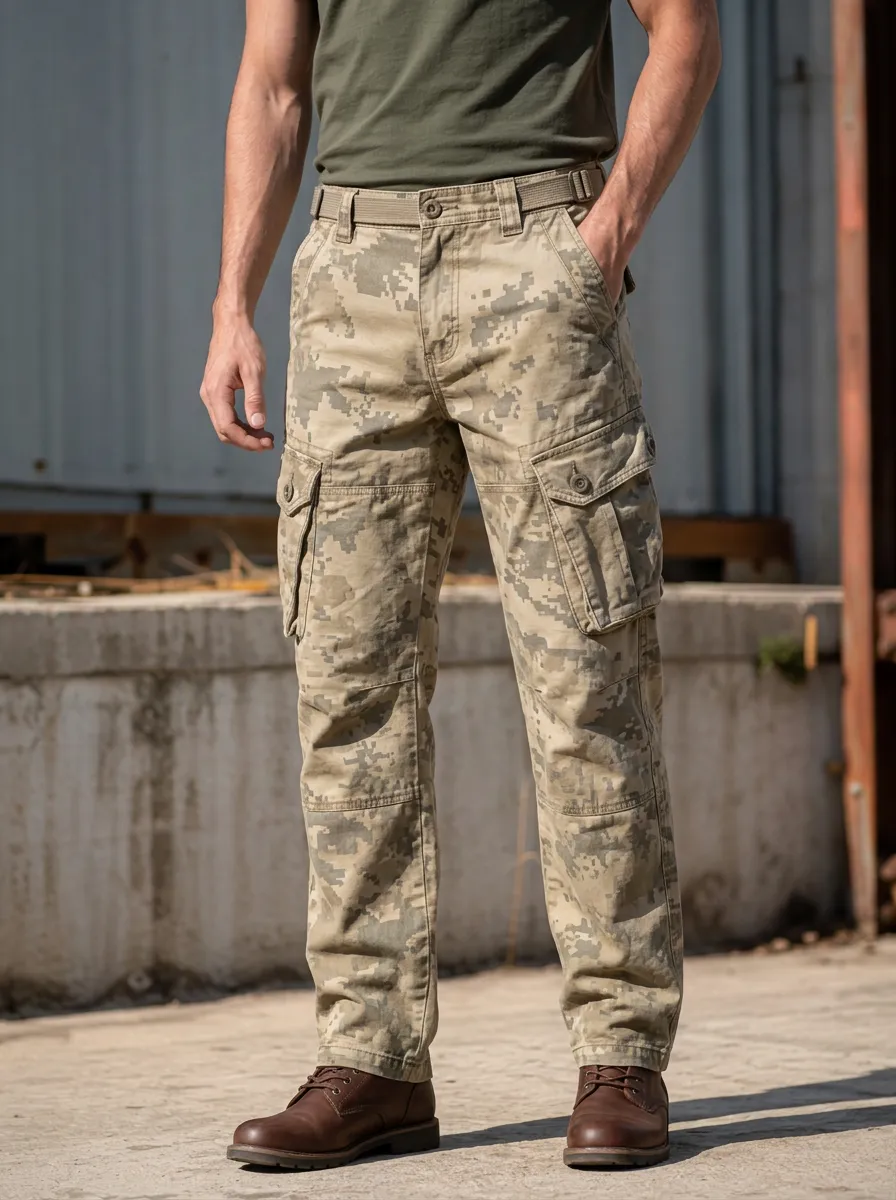 Men's Tactical Digital Camo Button-Flap Pocket Reinforced Knee Cargo Pants