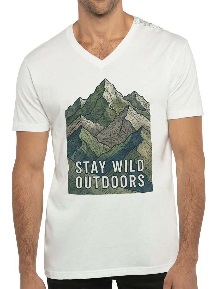 Men's Outdoor Lover Mountain Topographic Printed V-neck T-shirt
