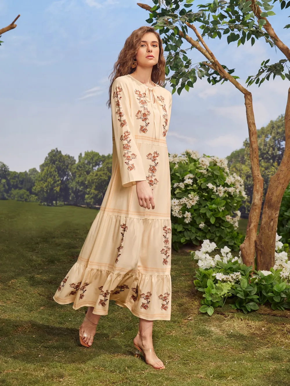 Tie Neck Floral Print Smock Dress