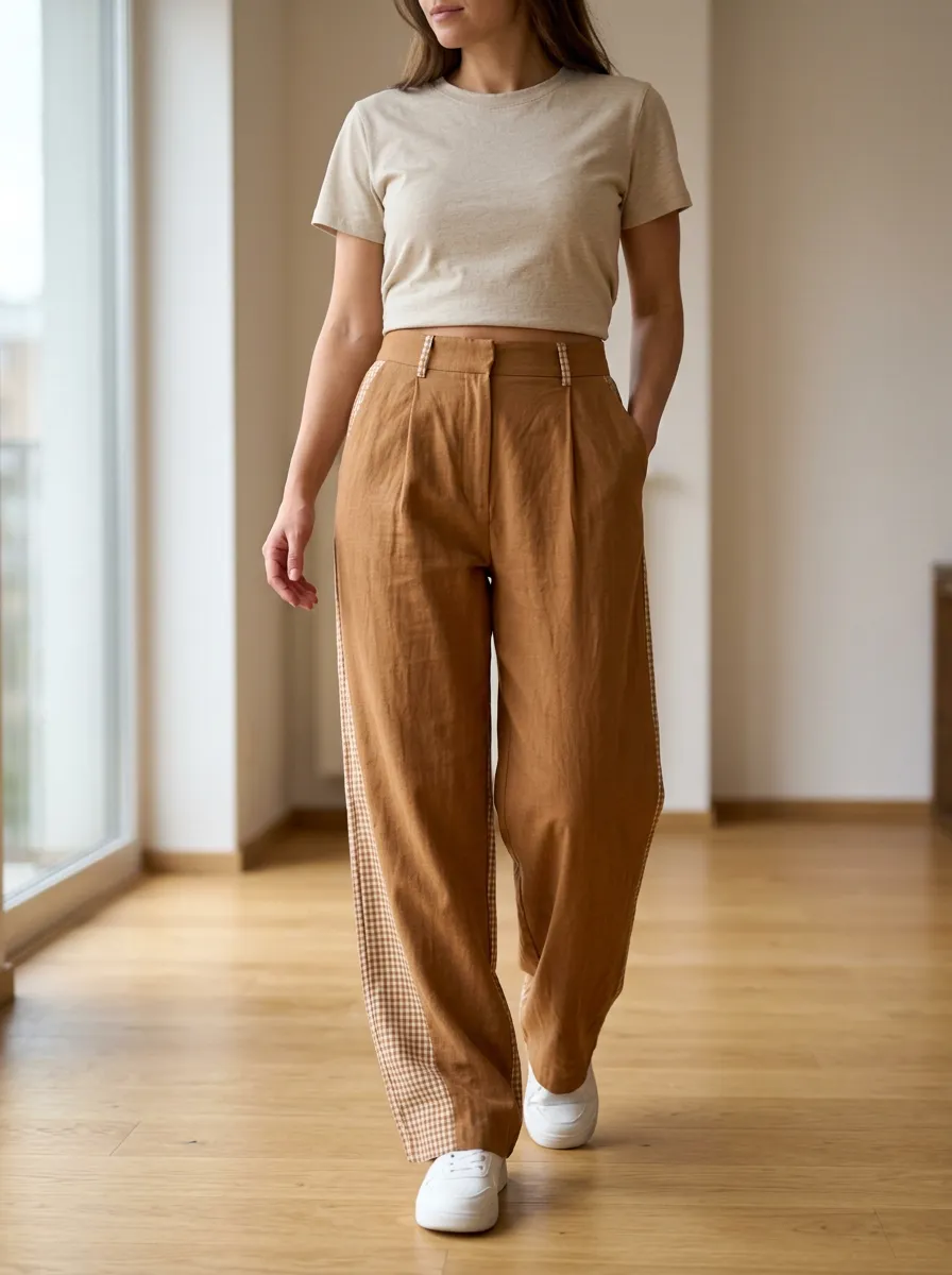 Women's Gingham Side Striped Print Trousers