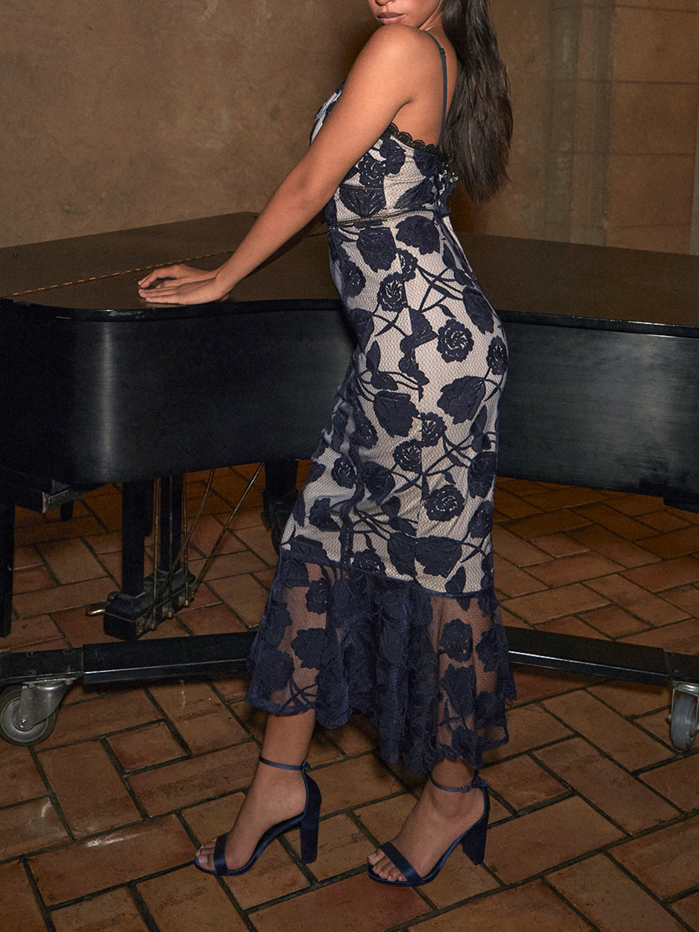 Navy Blue Floral Mesh Lace Trumpet Midi Dress