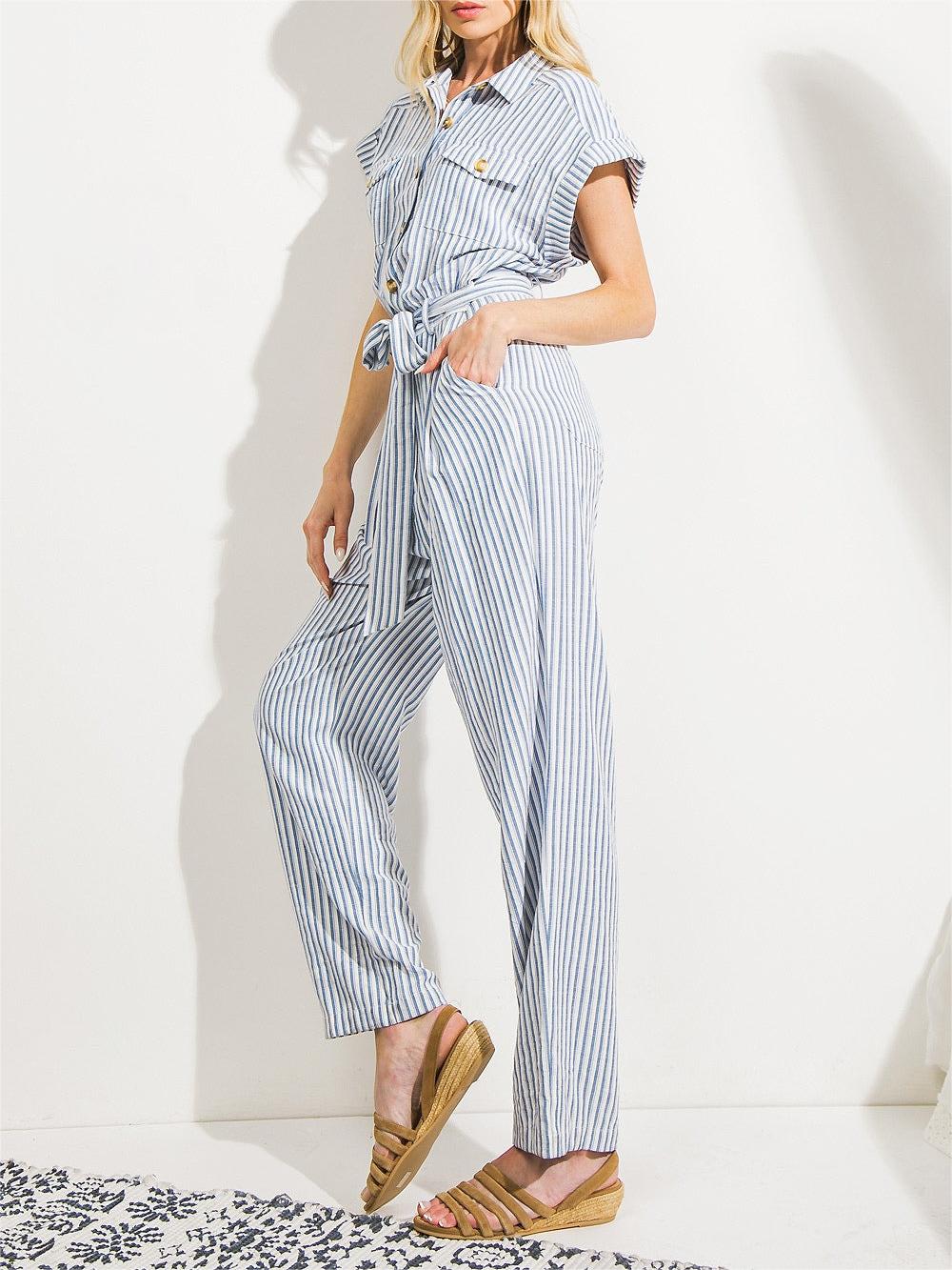 Blue and White Striped Belted Jumpsuit