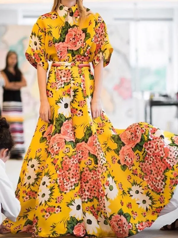 Printed Yellow Large Swing Long Dress