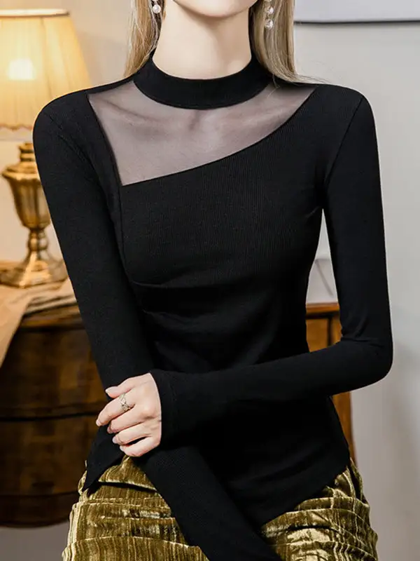 Long Sleeve Curve Fit Asymmetric Sheer Front Slit Panel Detail Round Neck T-Shirt