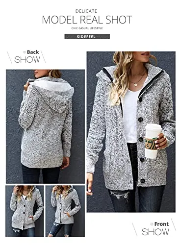 Women Hooded Knit Cardigans Button Cable Sweater Coat