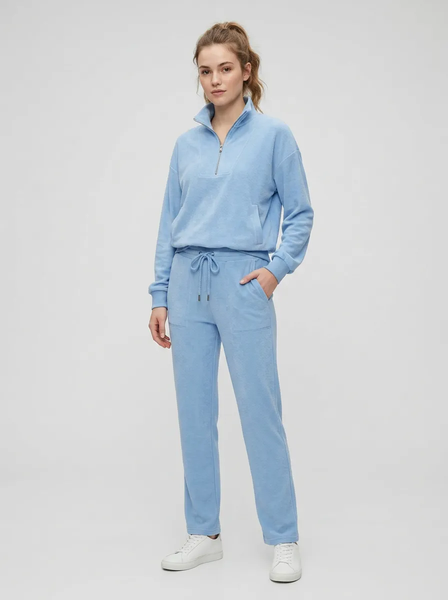 Women's Casual Light Blue Quarter-Zip Fleece Lounge Set