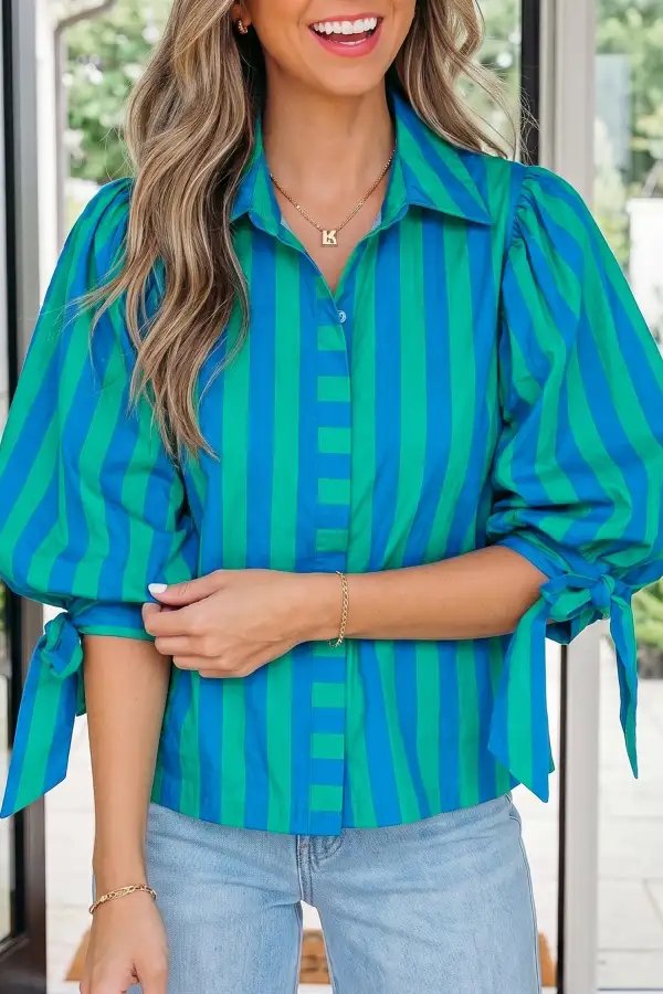 Blue Stripe Tie Puff Sleeve Womens Button Down Shirt
