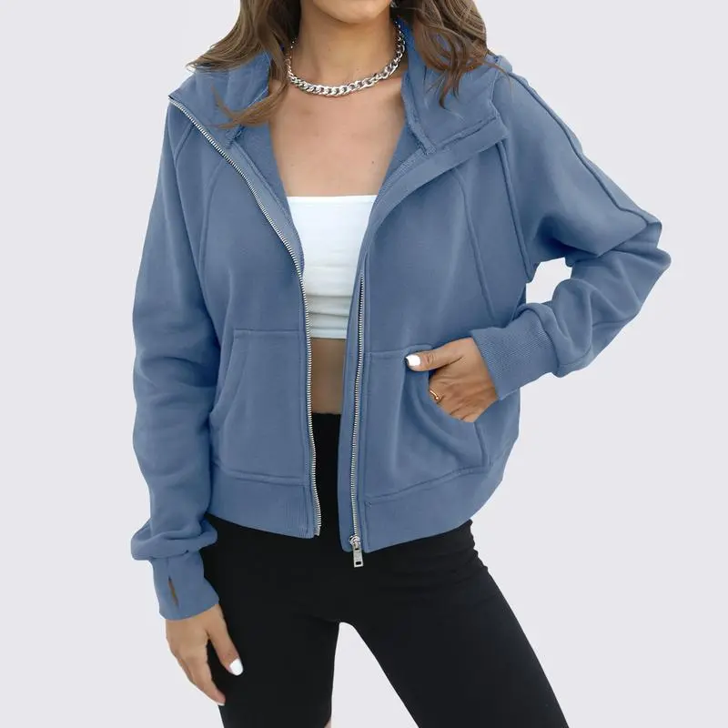 Womens Zip Up Sweatshirts Fleece Lined Collar Crop Hoodie Casual Cotton Long Sleeve Tops with Thumb Hole