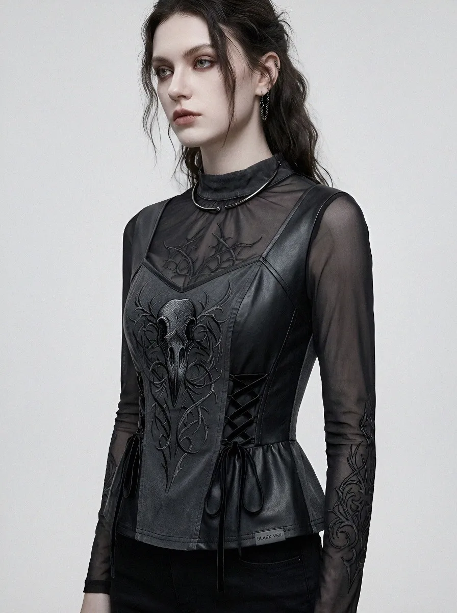 Women's Gothic Skull Vine Embroidered Mesh Printed Top