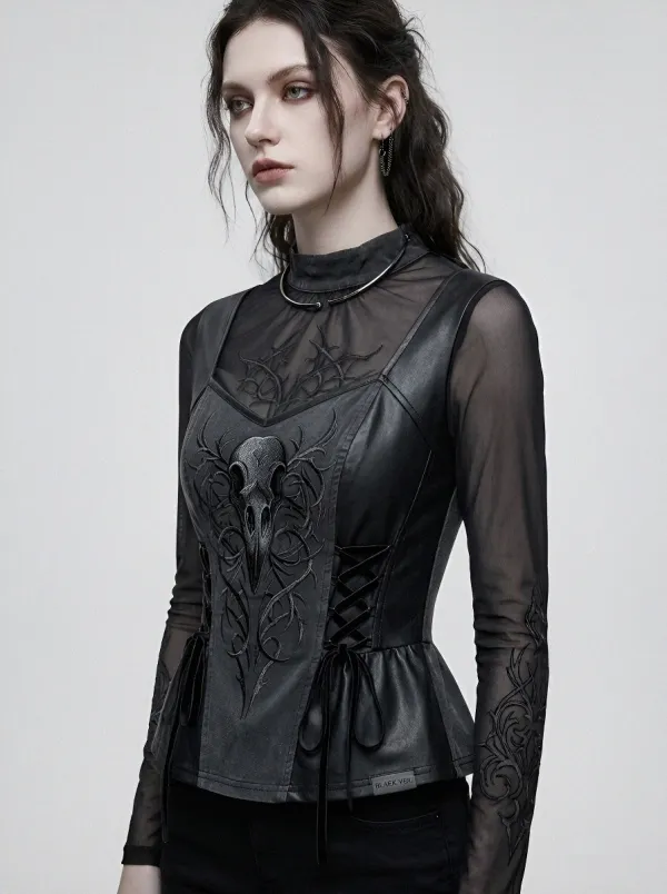 Women's Gothic Skull Vine Embroidered Mesh Printed Top