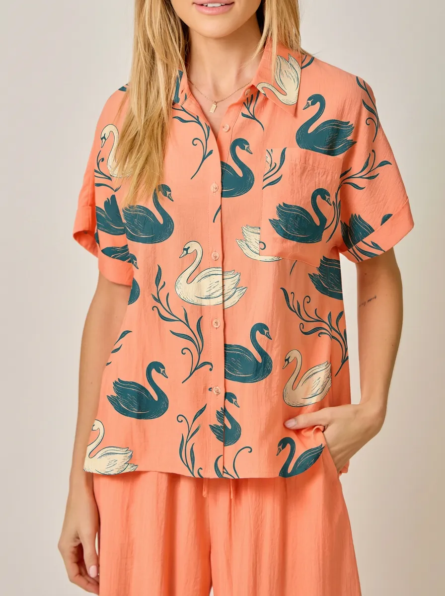 Women's Nature Lover Swan Floral Printed Button-up Shirt