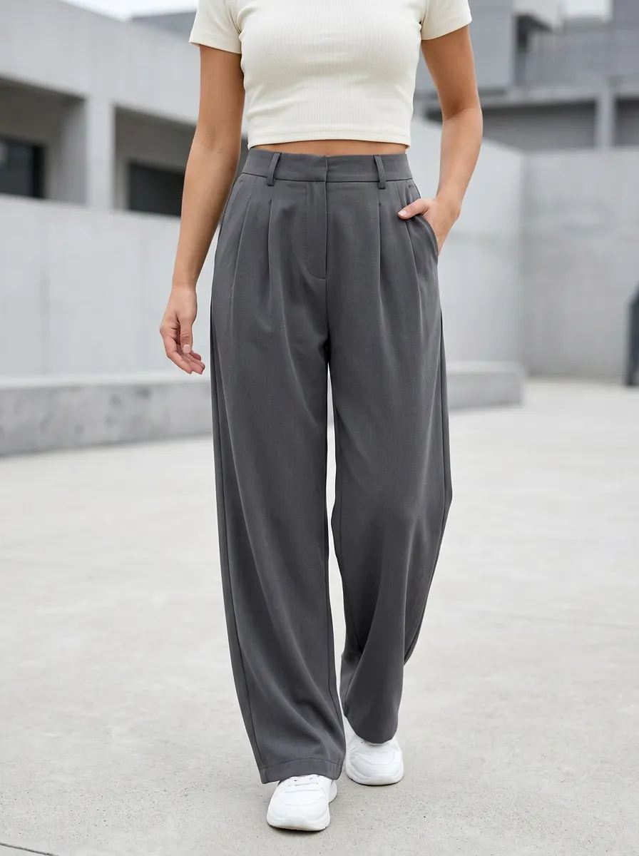 Women's Pleated Wide-Leg High-Rise Waist Integrated Belt Loops Pants