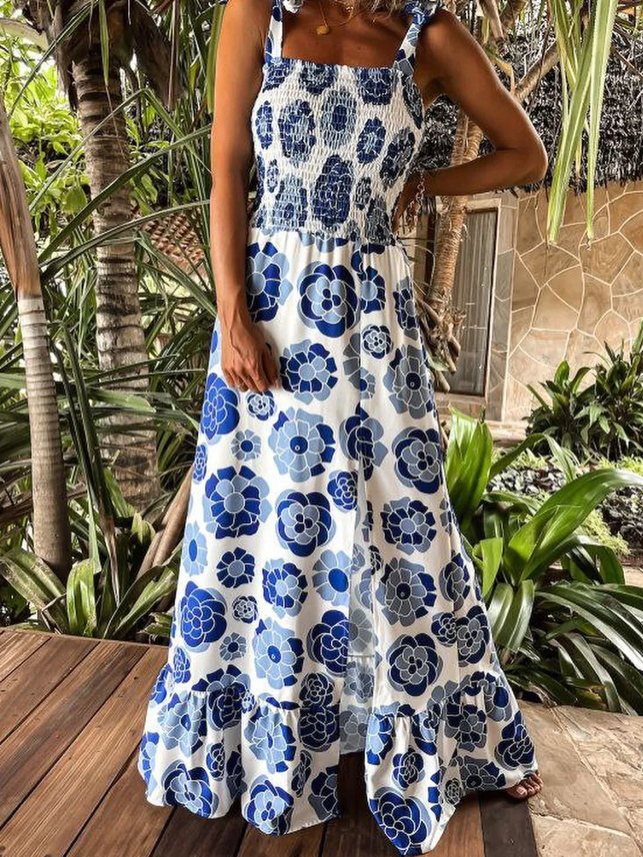Resort Printed Sling Sleeveless Slit Maxi Dress