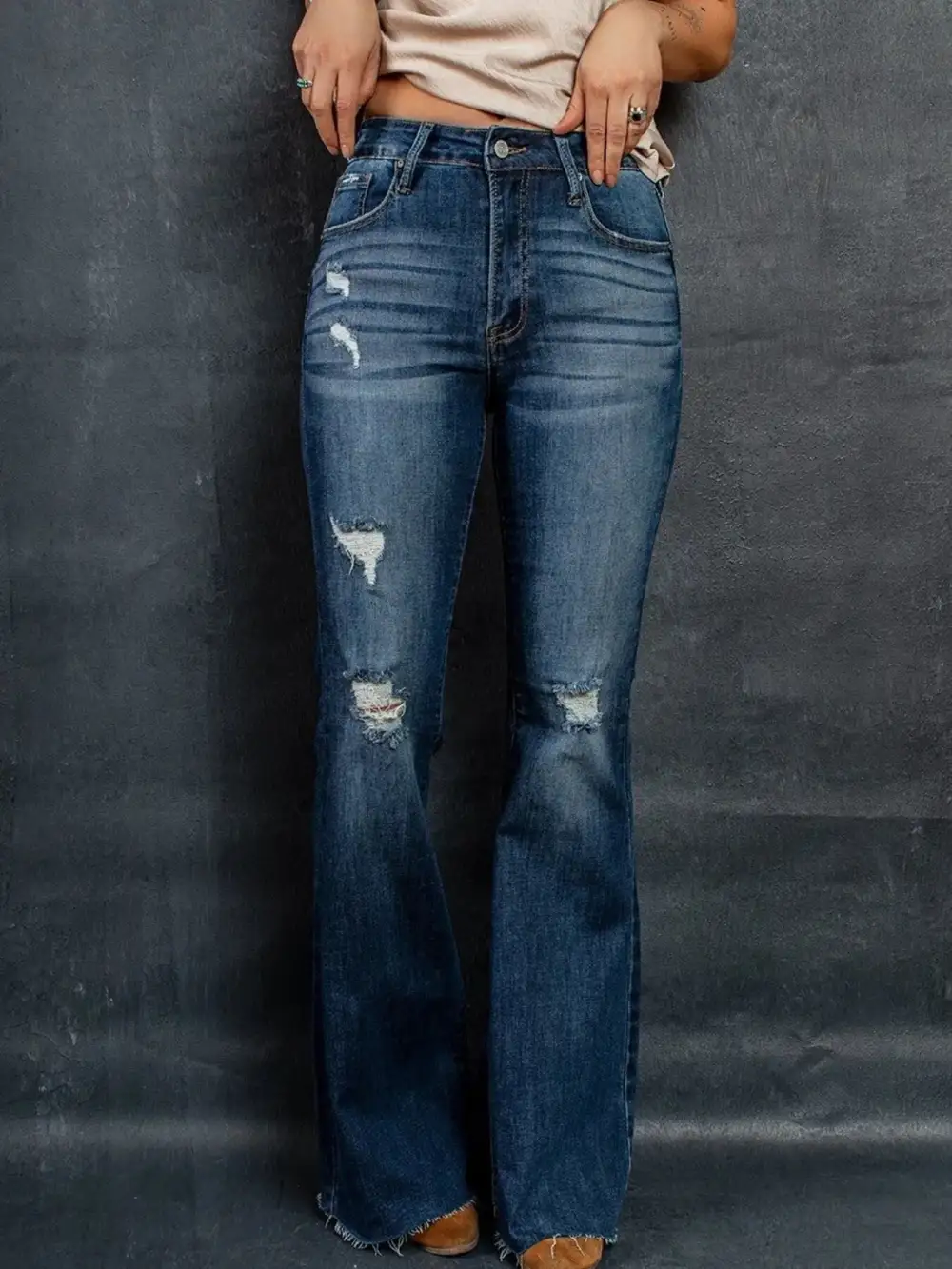 Distressed High Waisted Flared Denim Jeans
