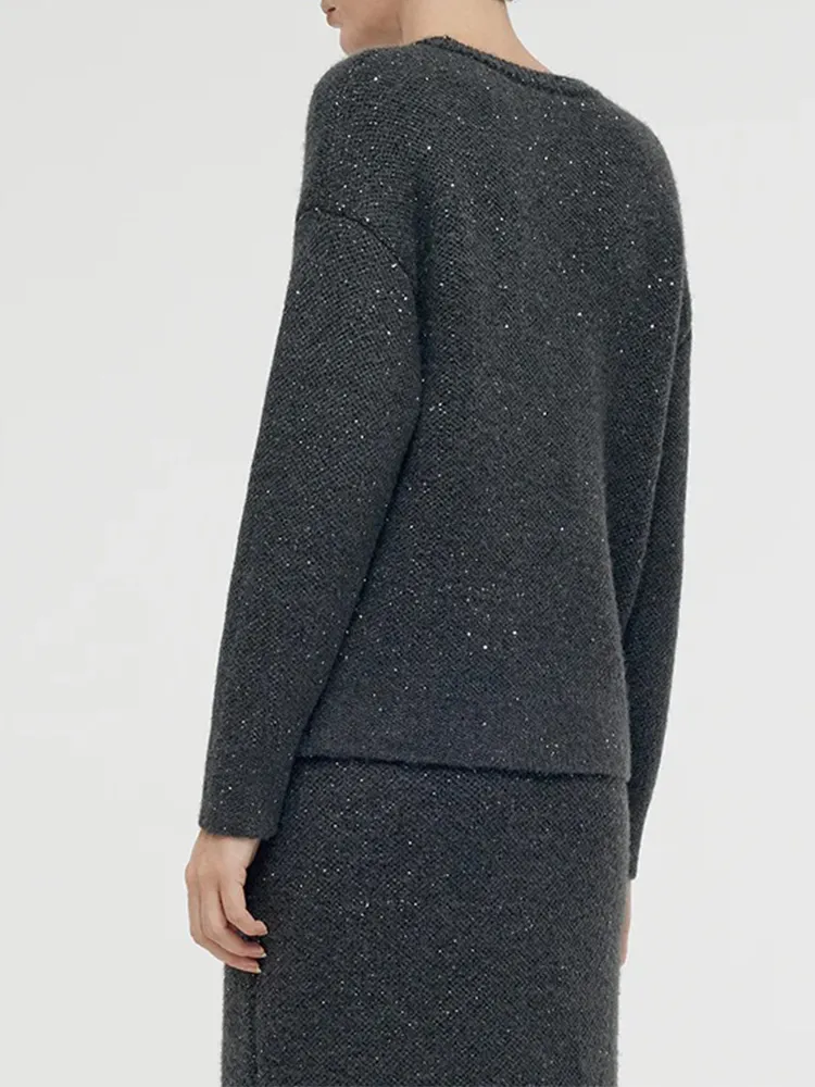 Charcoal Grey Wool Blend Sequins Women Sweater
