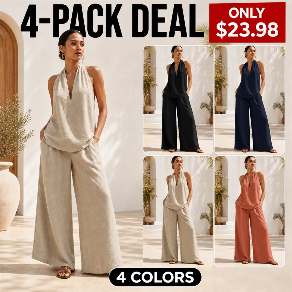 Women's Cotton Linen 2-Piece Halter Top Wide-Leg Pants Set