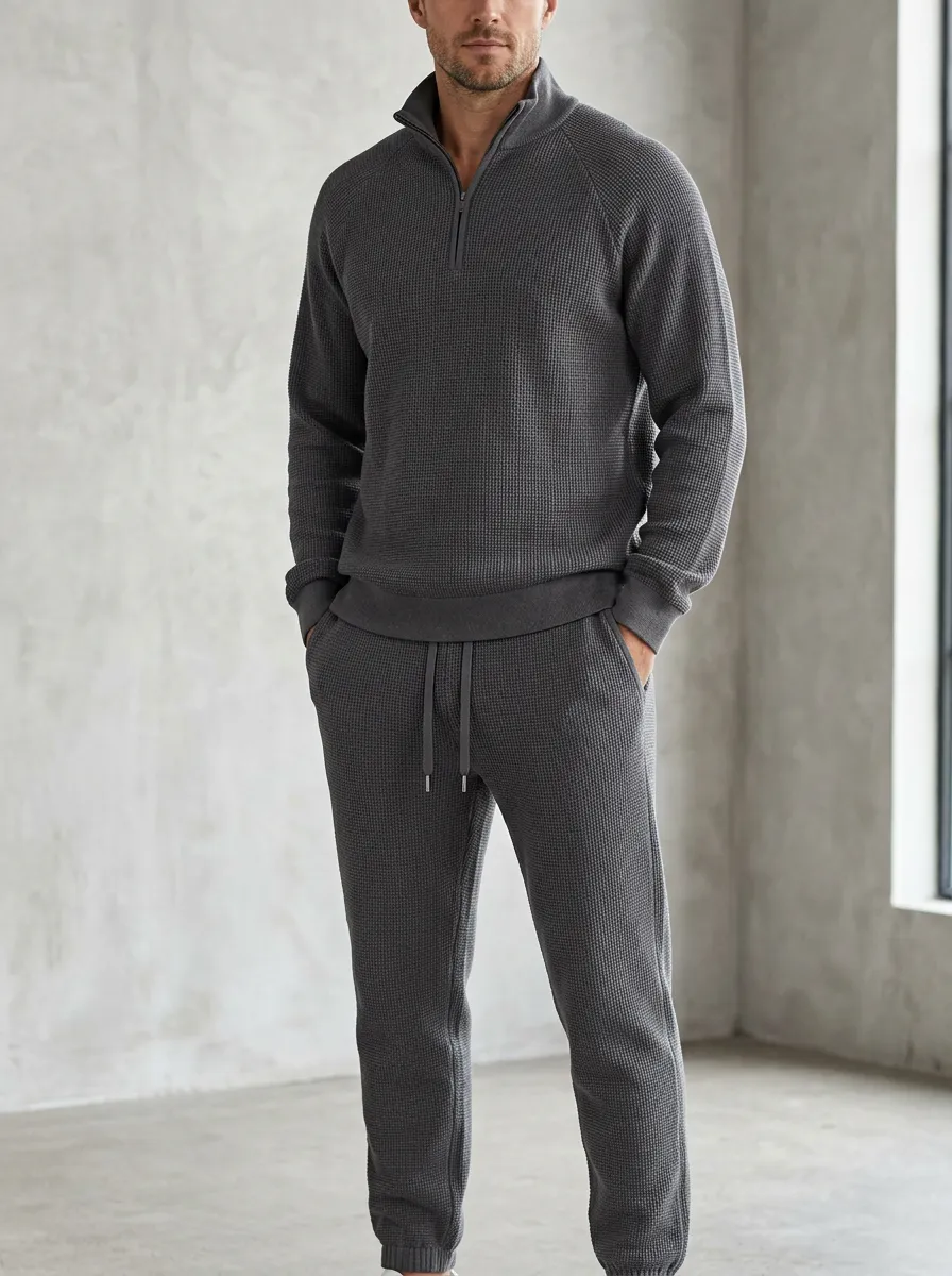 Refined Waffle-Knit Men's Quarter-Zip Knit Tracksuit Set