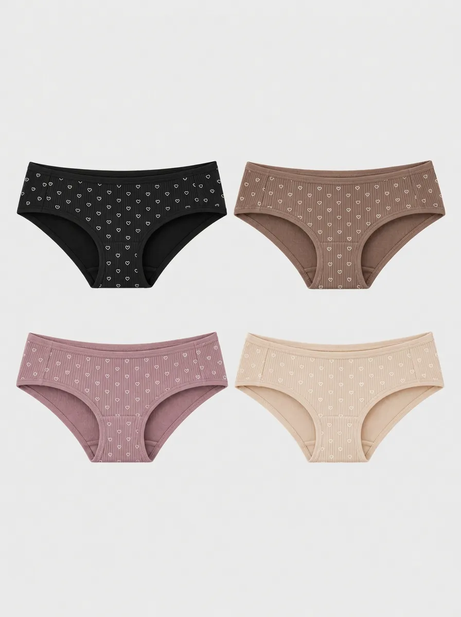 Women's Assorted Heart-Patterned Ribbed Briefs 4-Pack