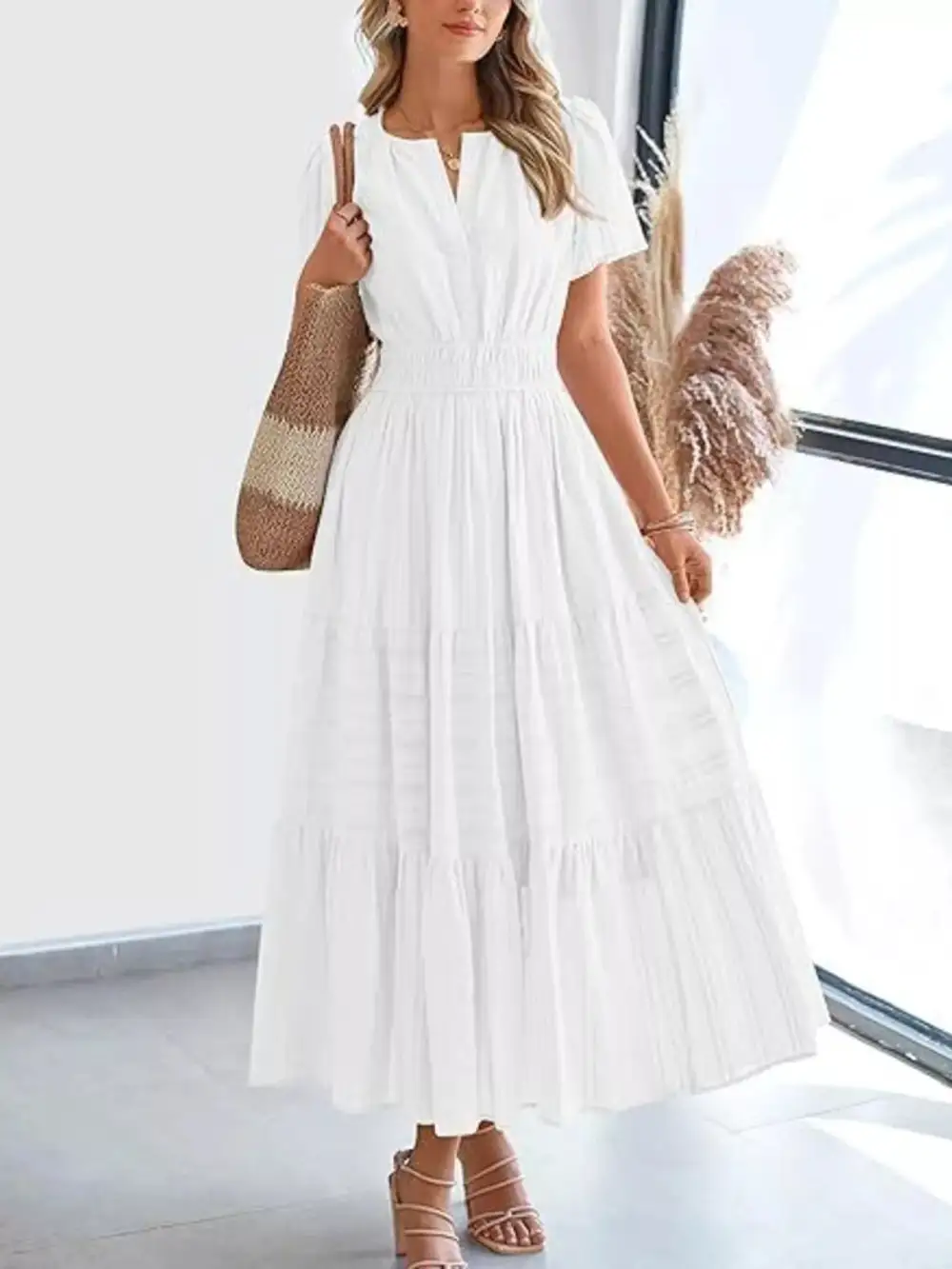 Full Size Short Sleeve Tiered Midi Dress Plus Size