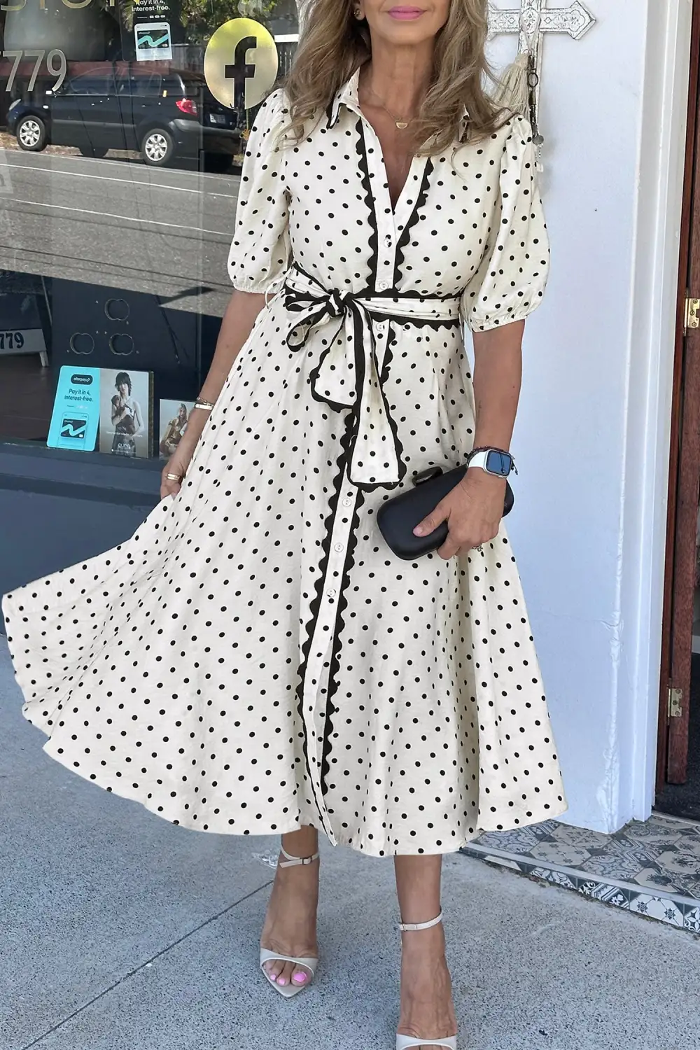 Polka Dot Printed Button Front Midi Dress