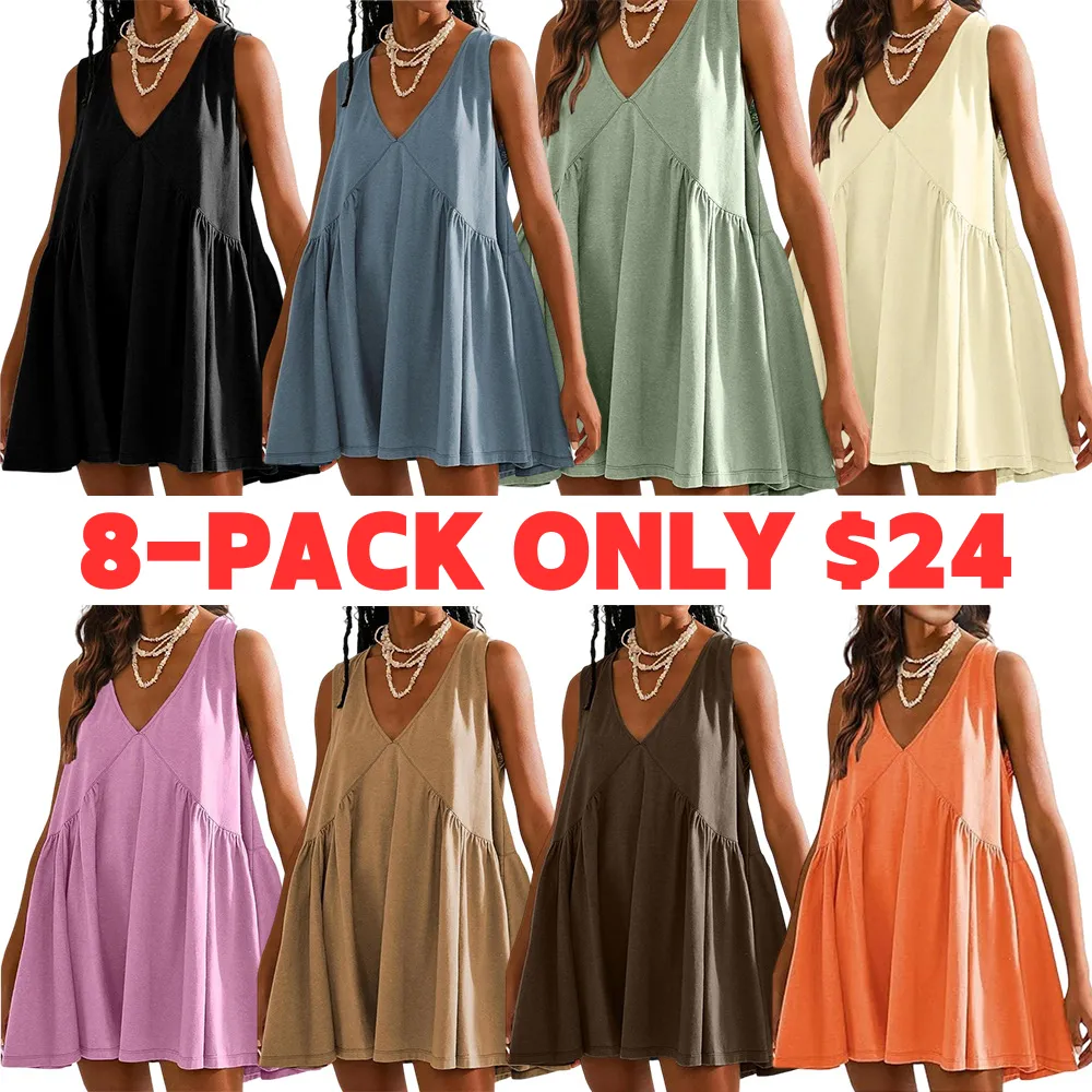 Women's Sleeveless Mini Dress Casual Loose V Neck Sundress with Pockets