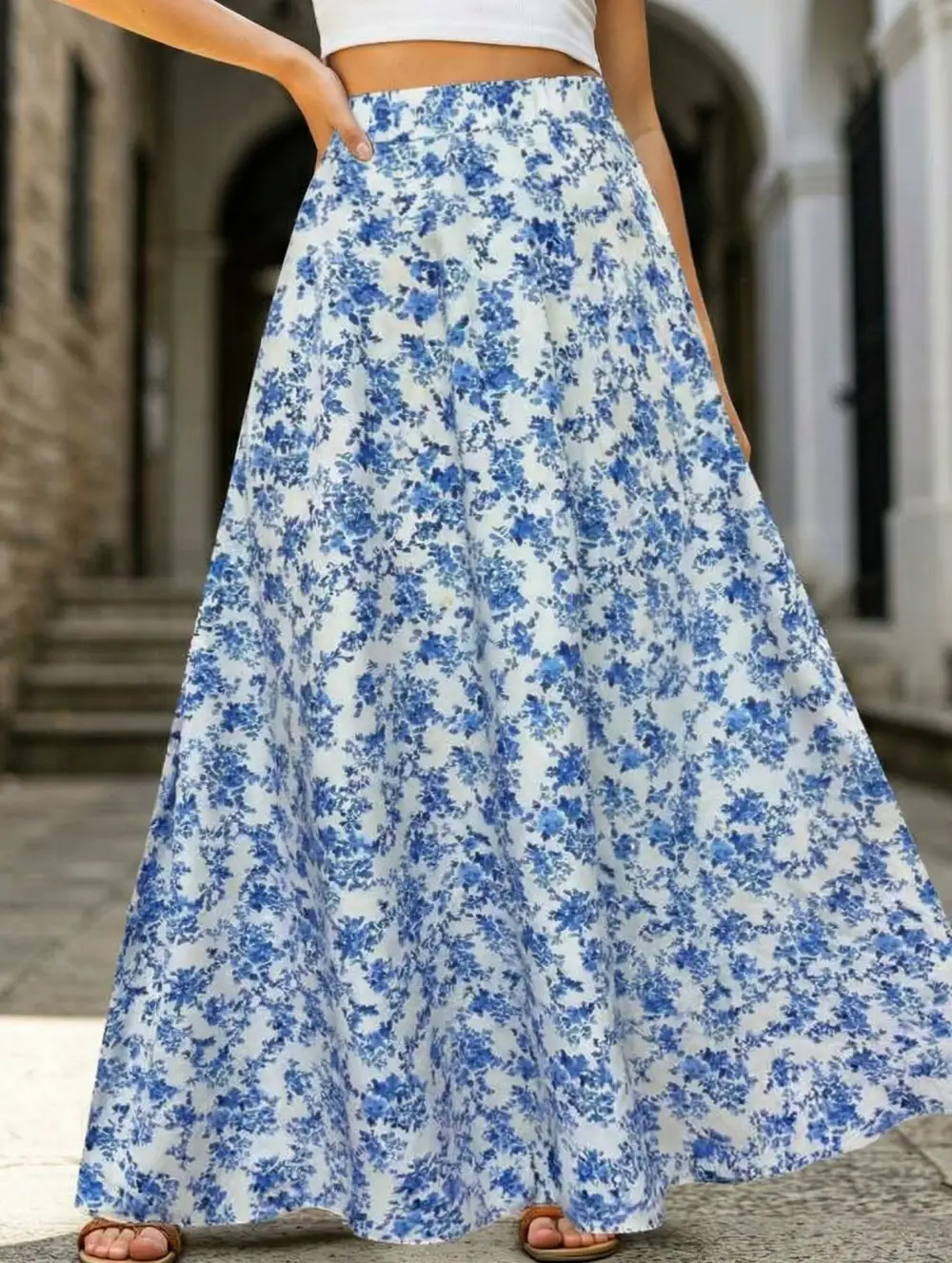 Printed Flare Midi Skirt