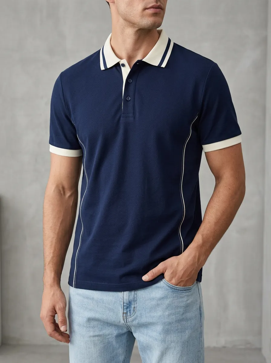 Men's Knit Ribbed Textured Contrast-Piping Contrast-Trim Running Graphic Polo Shirt