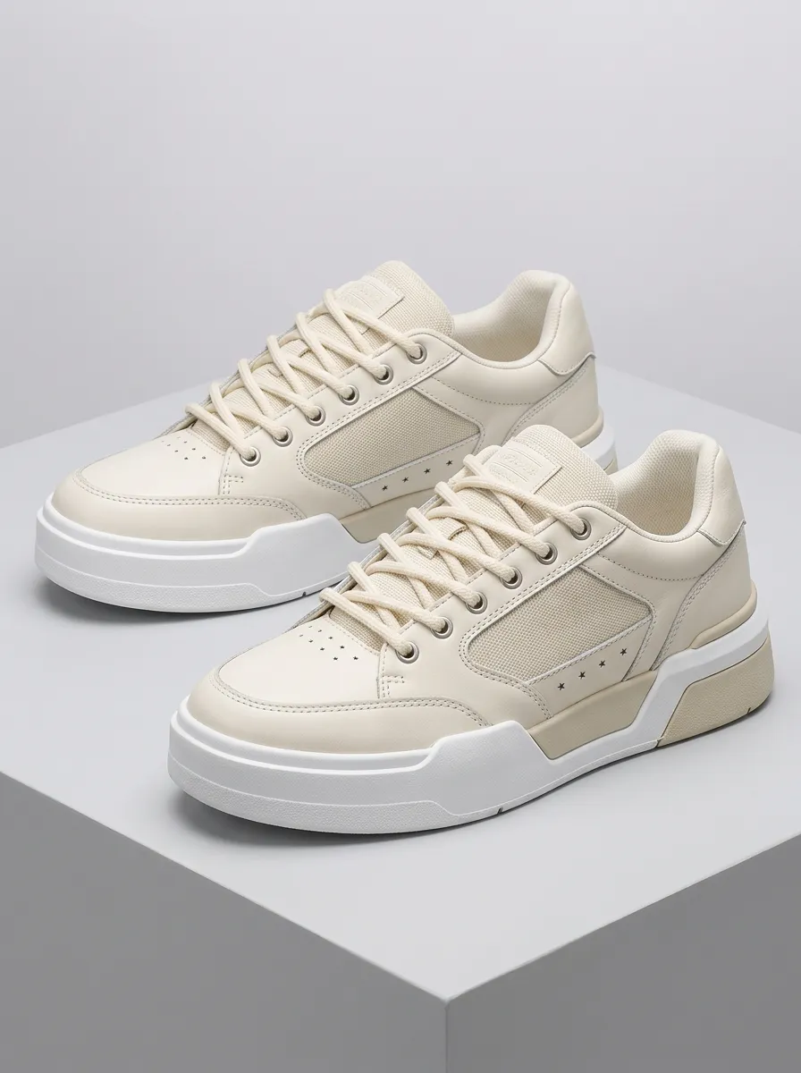 Men's Beige Minimalist Star Detail Lace-up Sneakers