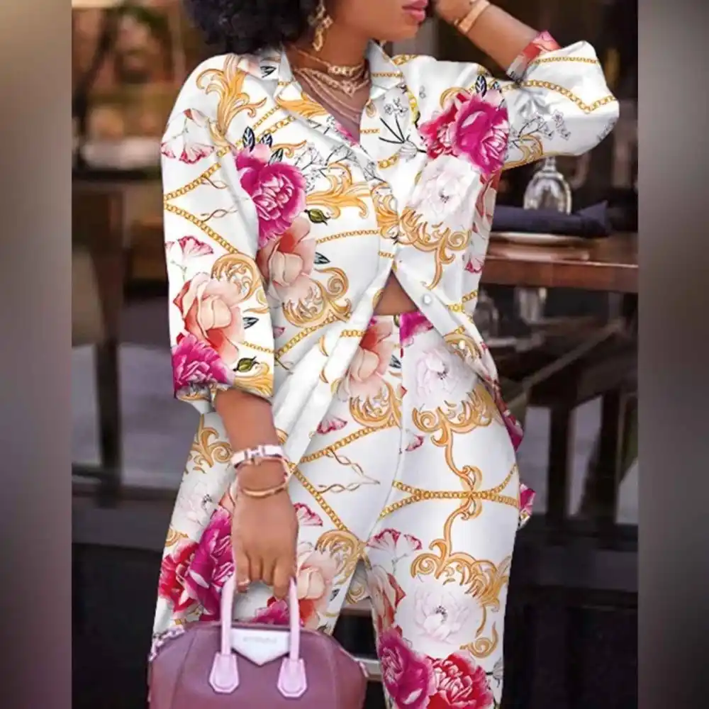 Everyday Print Lantern Sleeve Top High Waist Pants Set