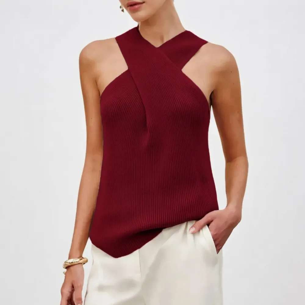 Tanming Women's Halter Cross Over Collar Tank Knit Sleeveless Camisole Top