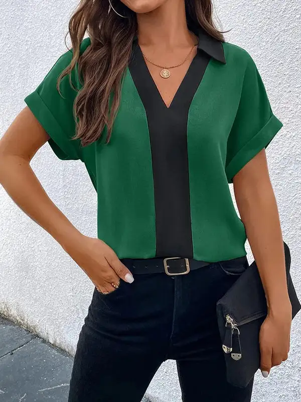 Relaxed Short Sleeve Contrast V-Neck T-Shirt