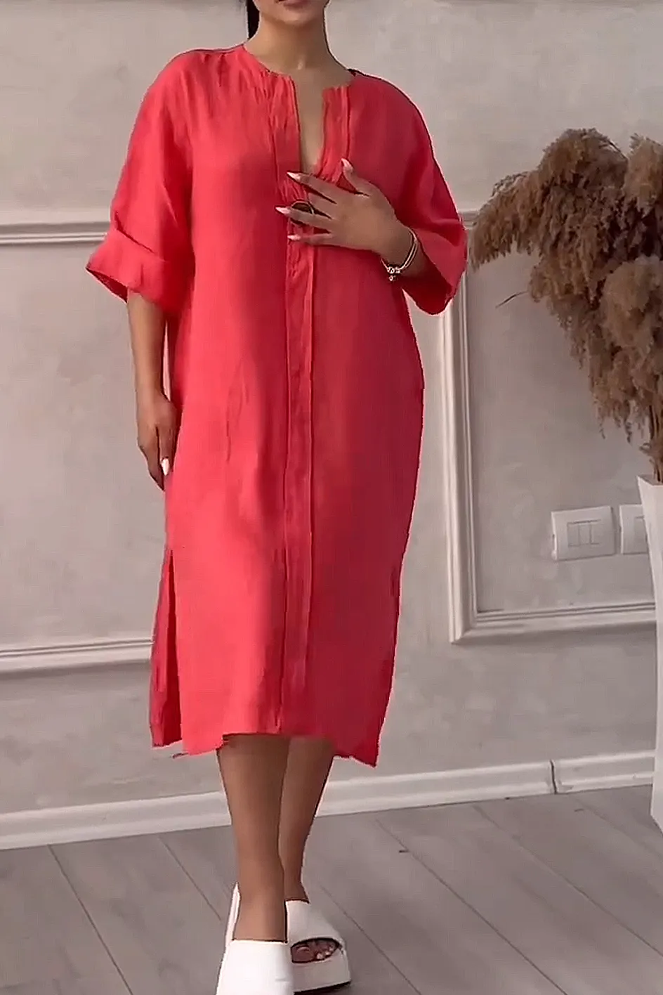 Women'S Solid Color Casual Cotton And Linen Dress